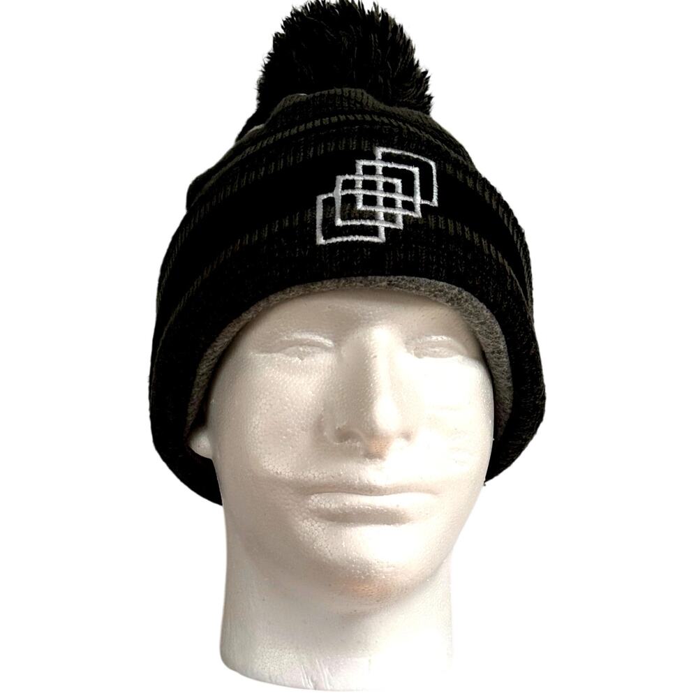 New Era Striped Pom Beanie Gray Black Fleece Lined Knit Ski Hat Unisex One Size
